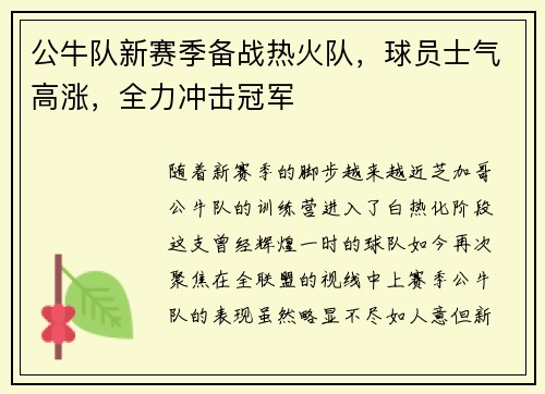 公牛队新赛季备战热火队，球员士气高涨，全力冲击冠军
