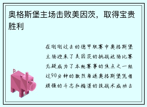 奥格斯堡主场击败美因茨，取得宝贵胜利